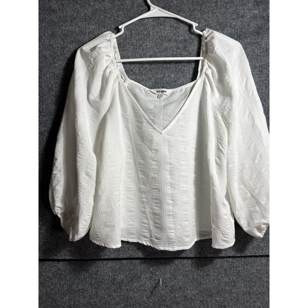 Steve Madden White Peasant Blouse Medium Boho Balloon Sleeve Textured Top